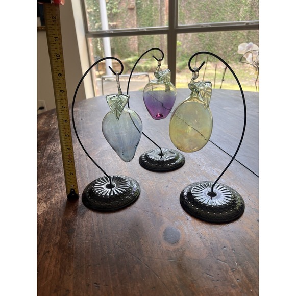 SET of 3 Vintage Italian Artisan HAND BLOWN GLASS Fruit Ornaments + Stands - Picture 10 of 16